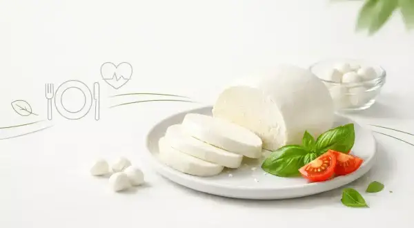 Świeża mozzarella na talerzu z pomidorkami i bazylią. Zastanawiasz się nad mozzarella kcal? To pyszny i zdrowy dodatek.