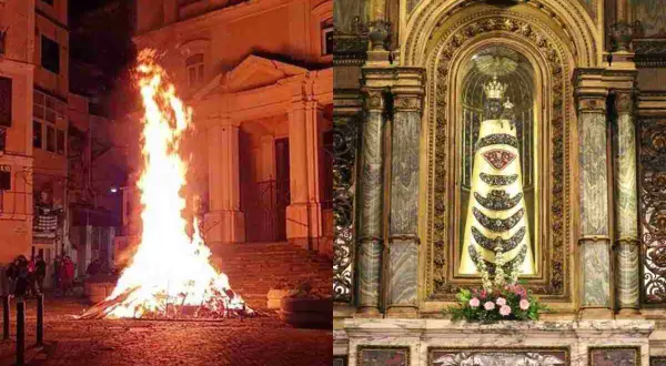 Fuoco acceso e statua della Madonna di Loreto in chiesa: immagini che evocano la devozione e le celebrazioni quando si festeggia la Madonna di Loreto.