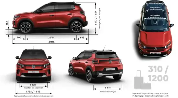 Citroën C3 - wymiary: długość 4015 mm, rozstaw osi 2541 mm, wysokość 1577/1567 mm. Szerokość bagażnika 1013 mm.