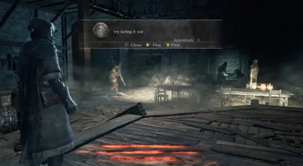 Postać w mrocznym świecie gry, podpowiedź "try luring it out" sugeruje taktykę w tej mrocznej solucji Dark Souls.
