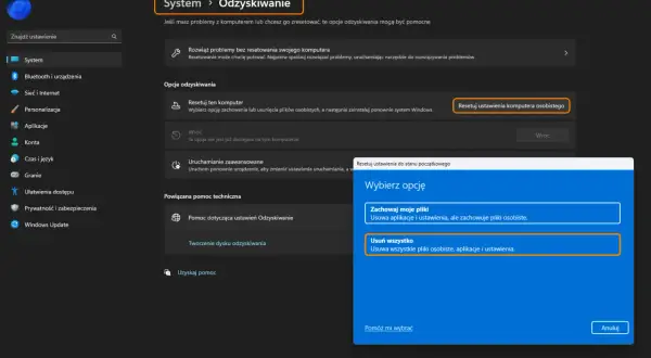 Panel sterowania Windows 11: opcje odzyskiwania. Wybierz "Usuń wszystko", aby usunąć pliki osobiste, aplikacje i ustawienia.