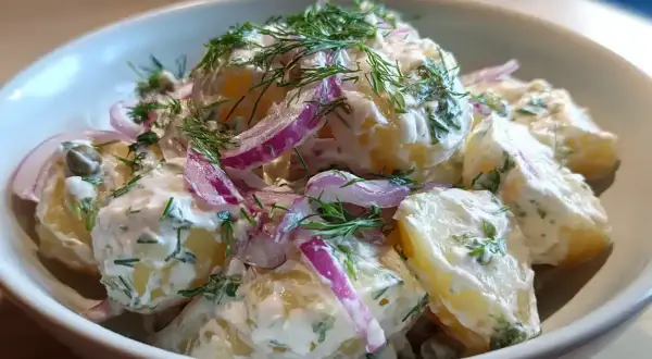 En krämig och nyttig potatissallad med dill, rödlök och kapris i en vit skål. Perfekt till sommarmaten!