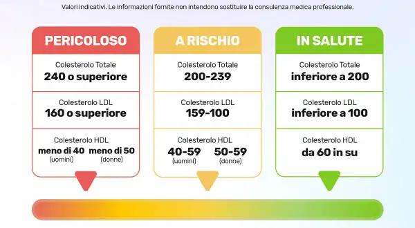 Valori di riferimento colesterolo: "Pericoloso" (240+ totale, 160+ LDL), "A Rischio" (200-239 totale, 159-100 LDL), "In Salute" (<200 totale, <100 LDL). Colesterolo 260 dopo 50 anni è pericoloso.