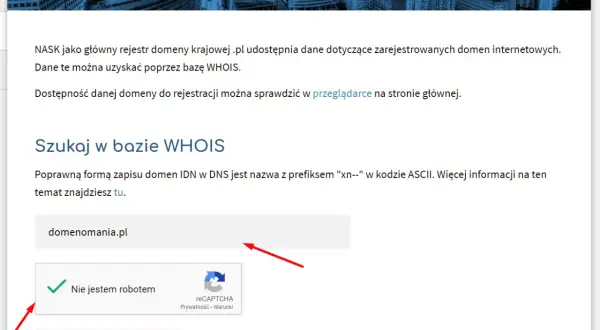 Baza WHOIS pozwala sprawdzić, gdzie jest zarejestrowana domena. Wpisz nazwę domeny, np. domenomania.pl, i kliknij "Szukaj w bazie WHOIS".