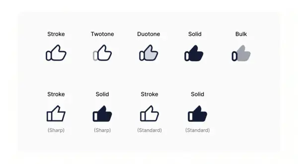A collection of thumbs-up icons showcasing various icon styles: stroke, twotone, duotone, solid, and bulk.