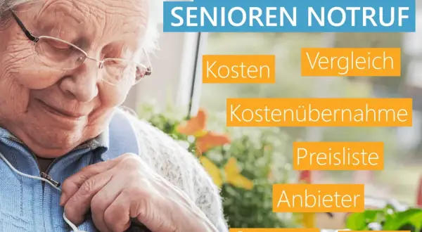 Ältere Dame mit Notrufknopf. 6 Tipps für den Senioren Notruf: Kosten, Vergleich, Kostenübernahme, Preisliste, Anbieter, Systeme, Geräte.
