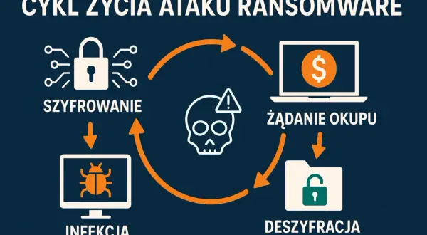 Cykl życia ataku ransomware: szyfrowanie, infekcja, żądanie okupu, deszyfracja. Poznaj, ransomware co to jest i jak działa.