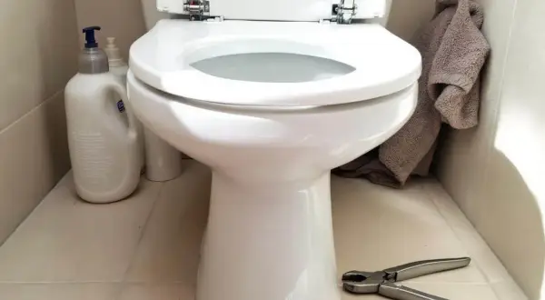 Préparation pour changer l'abattant WC : produits de nettoyage, serviette et pince à portée de main.