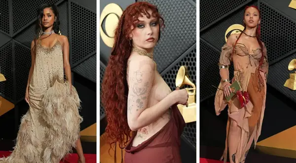 Trzy artystki na czerwonym dywanie, każda w unikatowej kreacji, gotowe na odbiór nagrody Grammy: najlepszy teledysk.