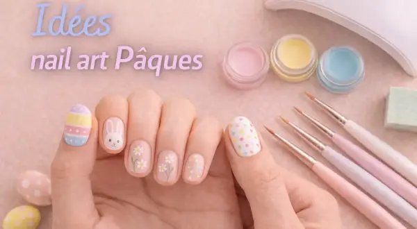 Idées nail art Pâques : un lapin mignon, des fleurs délicates et des œufs colorés ornent ces mains pour célébrer la saison.