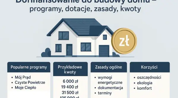 Dofinansowanie do budowy domu, programy, dotacje, zasady, kwoty. Wśród popularnych programów: Moje Ciepło. Złoty symbol waluty.
