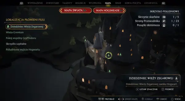Mapa Hogwartu z zaznaczonym Dziedzińcem Wieży Zegarowej. Pomocny **hogwarts legacy poradnik** do eksploracji zamku.