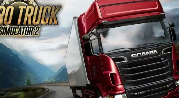 Czerwona ciężarówka Scania na krętej drodze w górach. Logo "Euro Truck Simulator 2" sugeruje grę na PS5.