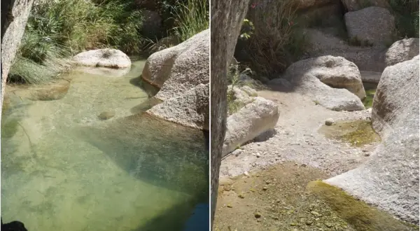 Un sereno **río aguas** cristalinas fluye entre rocas erosionadas y vegetación exuberante, creando un oasis natural.