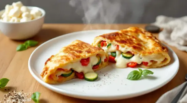Délicieux pizza calzone aux légumes et fromage fondant, fumant sur une assiette blanche.