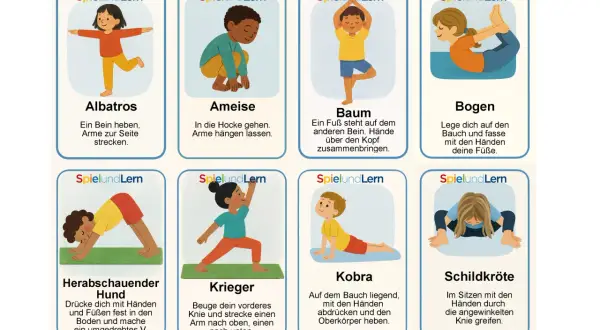 Bilder für Yoga im Kindergarten: Kinder üben Albatros, Ameise, Baum, Bogen, Hund, Krieger, Kobra und Schildkröte.