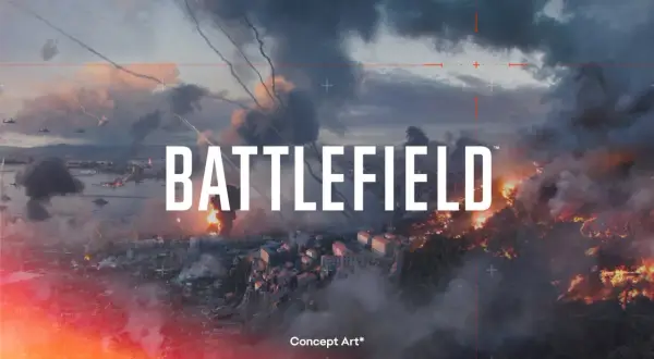 Scena z gry Battlefield 7: miasto w ogniu, dym, helikoptery i okręty na morzu.