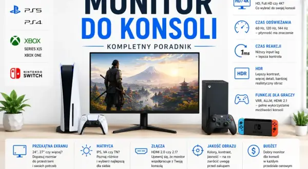 Monitor do konsoli z grafiką w jakości 1080p, prezentujący konsole PS5, Xbox Series X/S i Nintendo Switch.