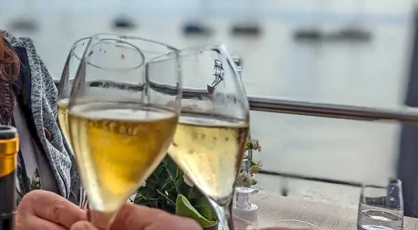Sektgläser stoßen an, mit Blick auf den Bodensee. Ein schöner Moment, vielleicht nach einem Besuch beim Winzerverein Hagnau.