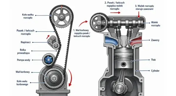 Schemat uproszczonego mechanizmu sterującego pracą silnika spalinowego: wał korbowy napędza pasek rozrządu, który z kolei obraca wałek rozrządu, sterujący zaworami.
