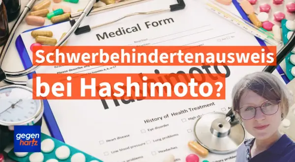 Schwerbehindertenausweis bei Hashimoto? Ein Arztformular, Medikamente und eine Frau mit Brille.