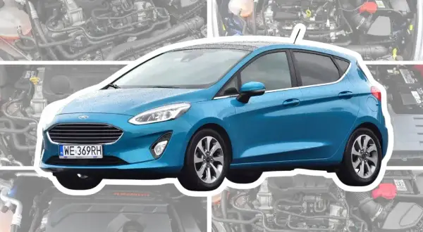 Niebieski Ford Fiesta MK7 1.25. W tle widać silnik, a pytanie brzmi: ford fiesta mk7 1.25 ile oleju?