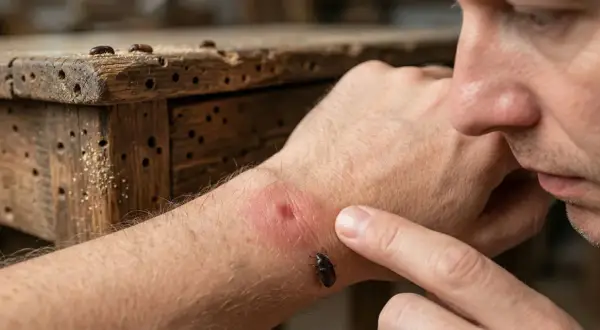 Un uomo osserva un morso di tarli del legno pericolosi sul suo braccio, mentre altri insetti si muovono su un mobile danneggiato.