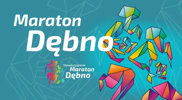 Maraton Dębno: biegacze w geometrycznych kształtach, symbolizujący energię i dynamikę.