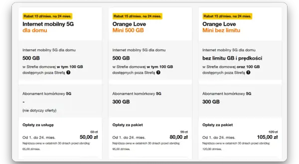Elastyczny pakiet internetowy Orange: 500 GB dla domu za 50 zł/mies. lub nielimitowany internet mobilny 5G.
