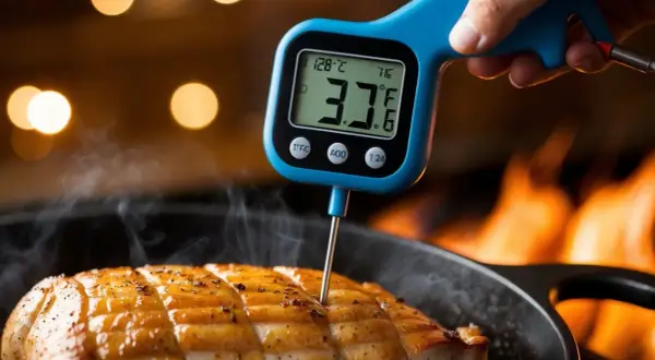 En digital termometer mäter ytterfile temp på en stek i en panna med flammor.