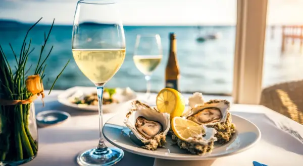 Ein Glas Weißwein, Austern und Zitrone am Meer. Perfekte trinktemperatur für einen leichten Wein, nicht für Primitivo.