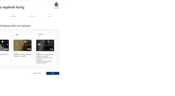 Wybór karty PKO Visa Business: Srebrna, Złota (z opcjonalnym Priority Pass) lub Premium (z Priority Pass, salonikami lotniskowymi, Concierge).