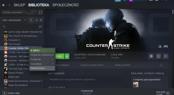 Ekran biblioteki Steam z podświetloną grą Counter-Strike: Global Offensive i menu kontekstowym.