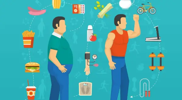 Porównanie sylwetek i symboli: niezdrowa dieta (fast food, piwo) vs. zdrowy styl życia (warzywa, ćwiczenia). Jak to wpływa na metabolizm co to?