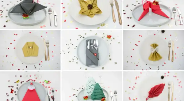 Neuf idées de pliage de serviettes pour un pliage de noël festif : sapins, Père Noël, chaussettes, et plus encore.
