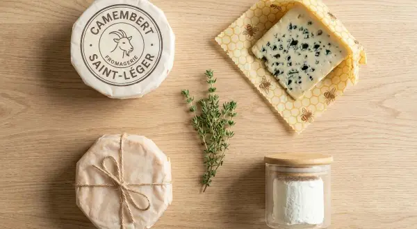 Assortiment de fromages : un camembert Saint-Léger, un fromage bleu, un fromage de chèvre, et du thym frais. Un festin digne de la Bourgogne !
