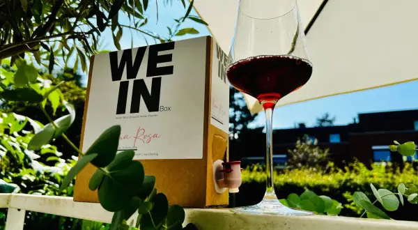 Ein Glas Rotwein neben einer "WE IN BOX" mit Wein im Schlauch. Perfekt für laue Sommerabende.