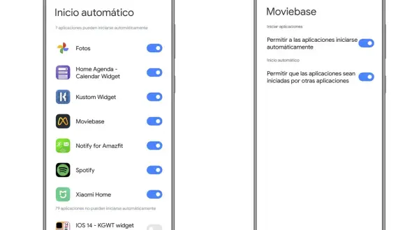 Pantallas de móvil mostrando ajustes de inicio automático de apps. En el segundo plano, se ve la lista de apps permitidas.