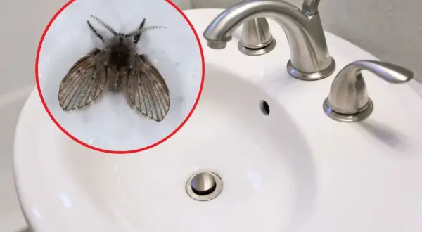 Ćmianka w łazience, siedząca na białej umywalce obok chromowanej baterii.