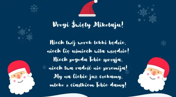 Życzenia z okazji mikołajek: uśmiech, radość i mleko z ciastkiem dla Świętego Mikołaja.