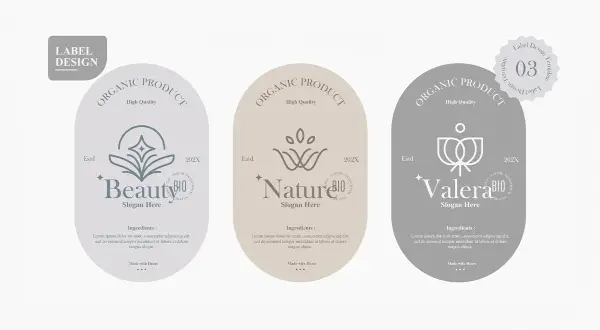 Projekt etykiet dla składu kosmetyków: "Beauty", "Nature", "Valera". Eleganckie, organiczne wzory.