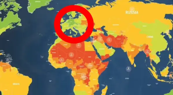 Mapa świata z zaznaczonym na czerwono obszarem Europy. Kolory wskazują poziom zagrożenia, sugerując, które najniebezpieczniejsze miasta w Europie mogą być w strefie ryzyka.