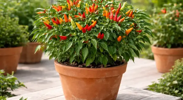 Pianta rigogliosa di peperoncini in vaso, con frutti rossi, arancioni e gialli. Un invito a coltivare peperoncino in casa o in giardino.