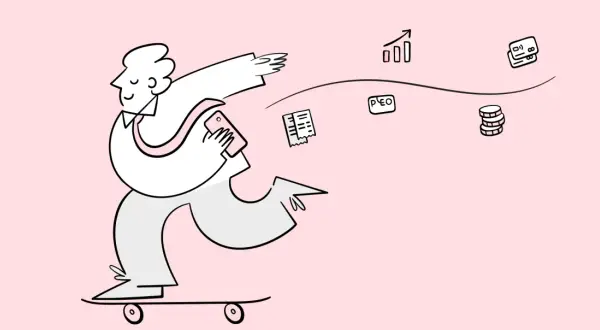 Mann auf Skateboard mit Handy, umgeben von Symbolen für Finanzen und Transaktionen, wie Belege, Münzen, Diagramme und eine firmenkreditkarte nicht personenbezogen.