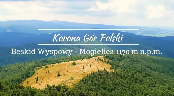 Widok na Beskid Wyspowy z mogielnicą szczyt. Góry w oddali, zielone lasy i polana na pierwszym planie.
