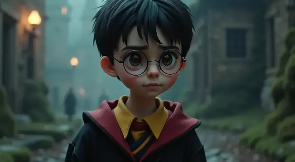 Harry Potter na flecie, w szacie Gryffindoru, stoi na mglistej ścieżce.