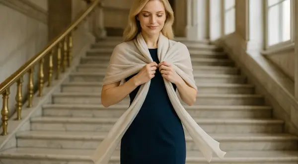 Elegancka kobieta w granatowej sukience i beżowym szalu, pokazująca, jak nosić szal do sukienki.