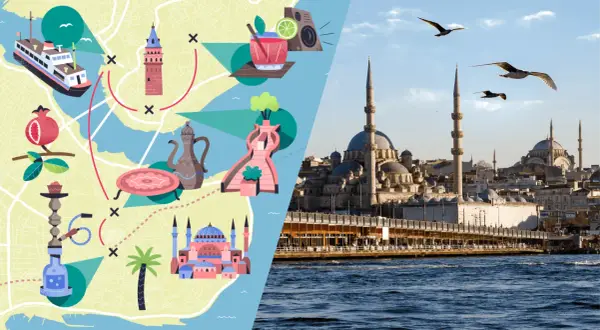 Karte mit Sehenswürdigkeiten für einen Istanbul Trip: Fähre, Galataturm, Moscheen, Granatapfel, Wasserpfeife, Teekanne und ein Cocktail. Daneben die Stadtansicht mit Moscheen und Möwen.