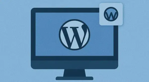 Monitor z logo WordPress i małym, kwadratowym okienkiem z ikoną wordpress favicon.