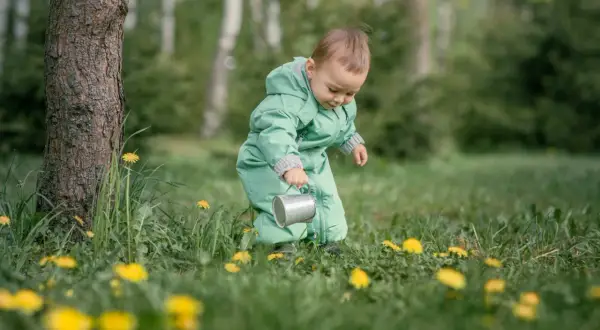 Dziecko w zielonym kombinezonie, z konewką w ręku, odkrywa świat wśród traw i mleczy. To jego **3 skok rozwojowy**, pełen ciekawości i nowych doświadczeń.